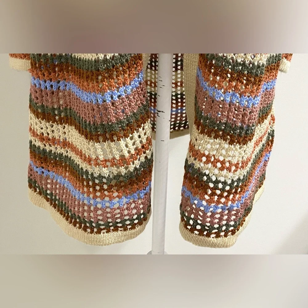 Rue 21 Womens L Brown Tan Stripe Crochet Long Cardigan Sweater Boho Eclectic Y2K - Picture 4 of 10